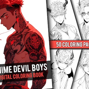 Anime Devil Boys Coloring Book 50 Page Manga Fantasy Anime Coloring Pages for Adults & Children, Instant Download, Printable PDF