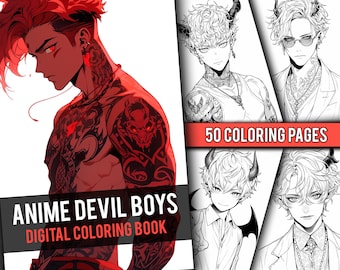 Anime Devil Boys kleurboek 50 pagina Manga Fantasy Anime kleurplaten voor volwassenen en kinderen, Instant Download, afdrukbare PDF