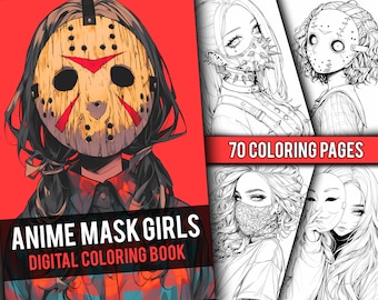Anime Mask Girls Coloring Book 70 Page Cute Manga Fantasy Anime Coloring Pages for Adults & Children, Instant Download, Printable PDF