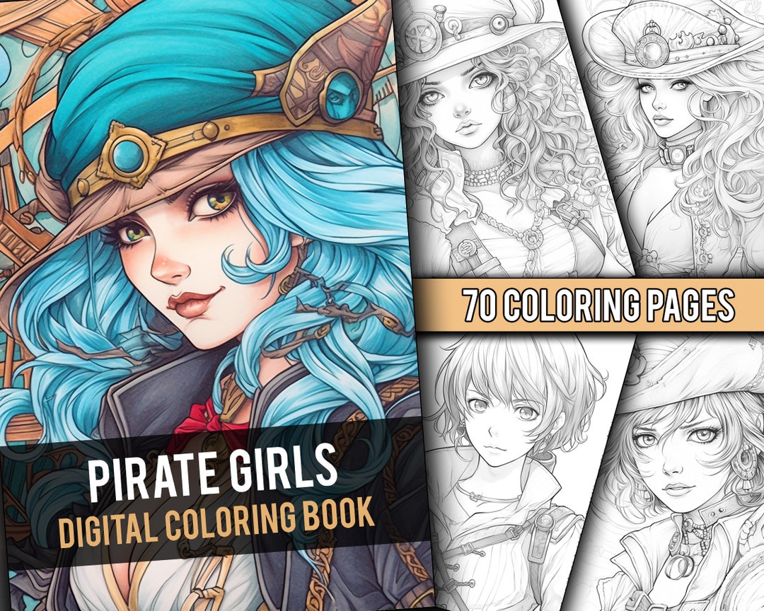 Pirate Girls 70 Page Greyscale Coloring Book, Fantasy Anime Coloring ...