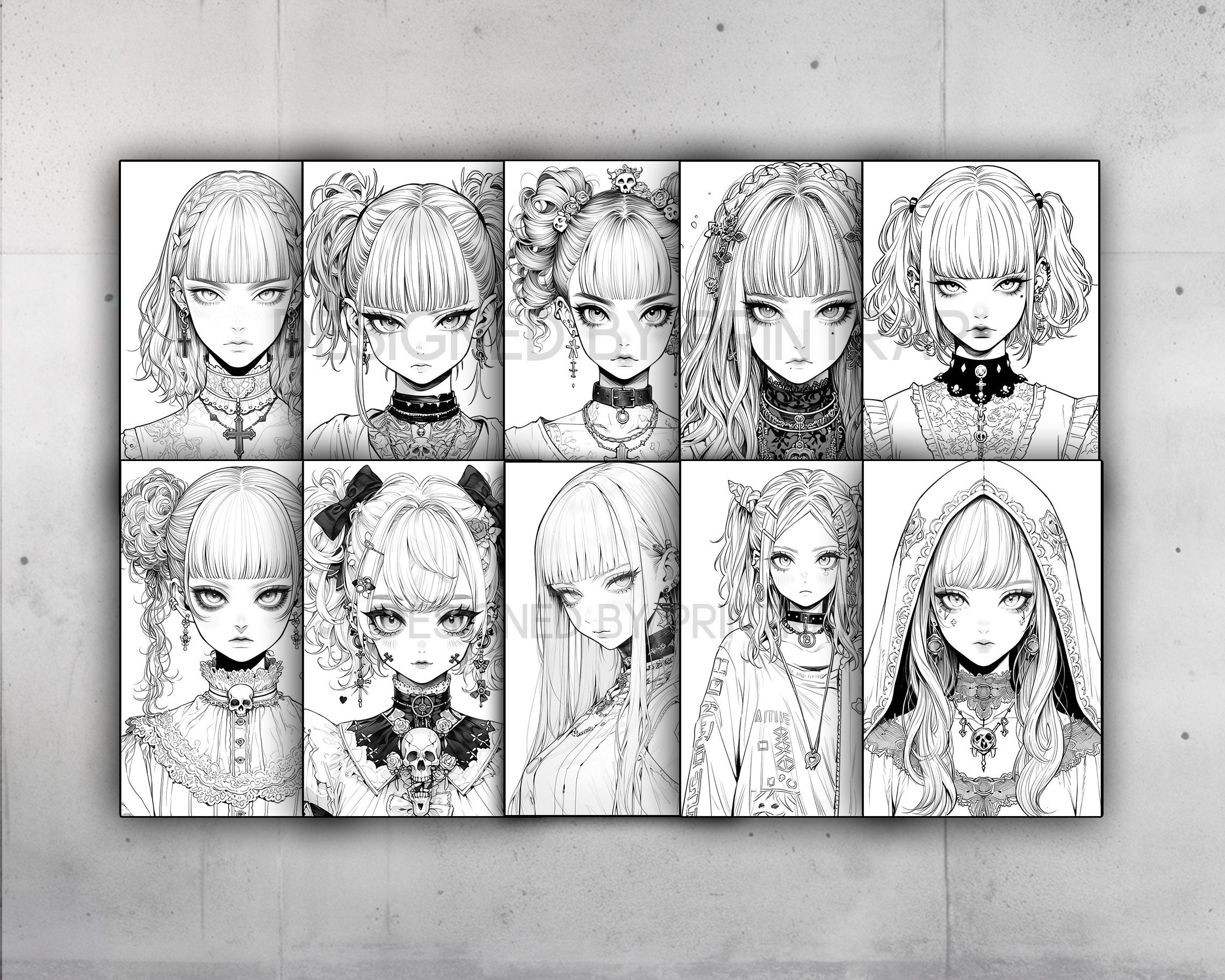Anime Goth Girls Coloring Book 70 Page Manga Fantasy Greyscale Coloring ...