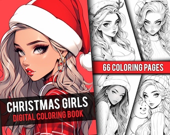 Anime Christmas Girls Coloring Book 66 Page Manga Fantasy Coloring Pages for Children & Adults, Instant Download, Printable PDF