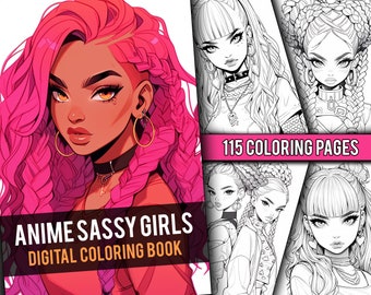 Anime Sassy Girls Coloring Book 115 Page Cute Manga Fantasy Anime Coloring Pages for Adults & Children, Instant Download, Printable PDF