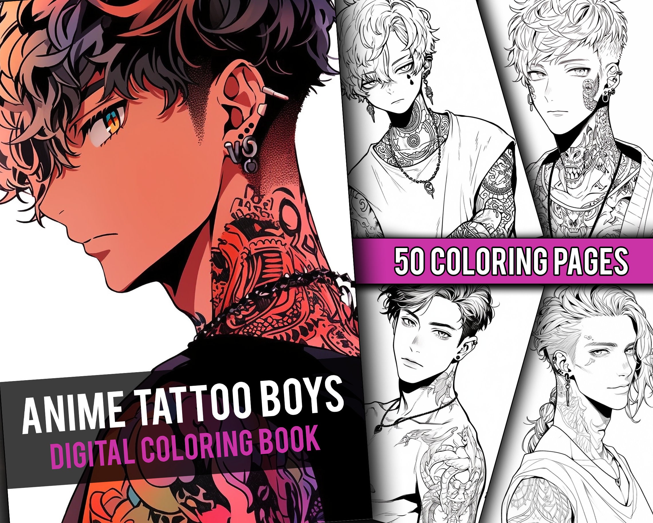 Buy Anime Tattoo Boys Coloring Book 50 Page Manga Fantasy Greyscale  Coloring Pages for Children & Adults, Instant Download, Printable PDF  Online in India - Etsy
