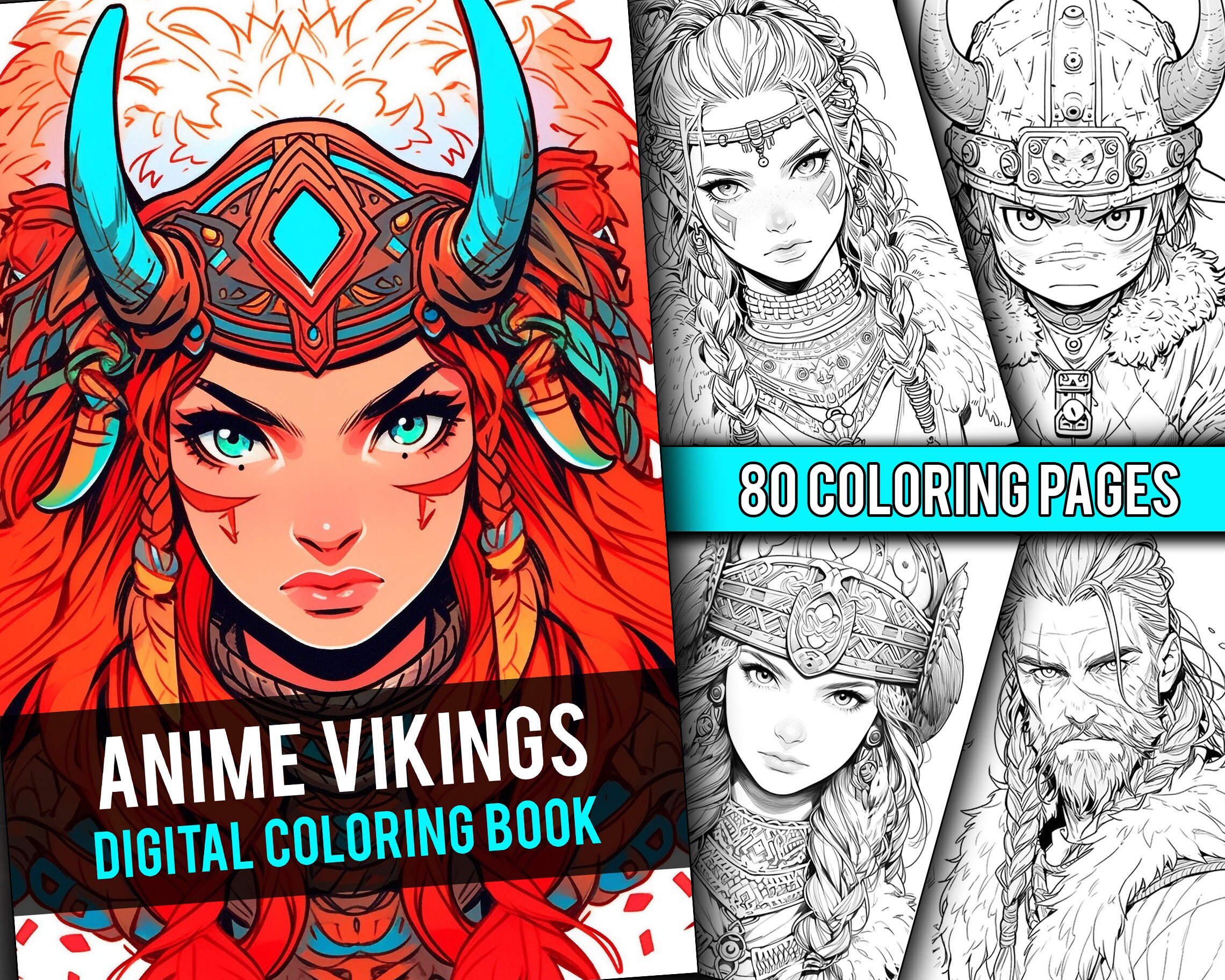 Anime Vikings Coloring Book 80 Page Manga Fantasy Greyscale Anime Coloring Pages for Children & Adults, Instant Download, Printable PDF