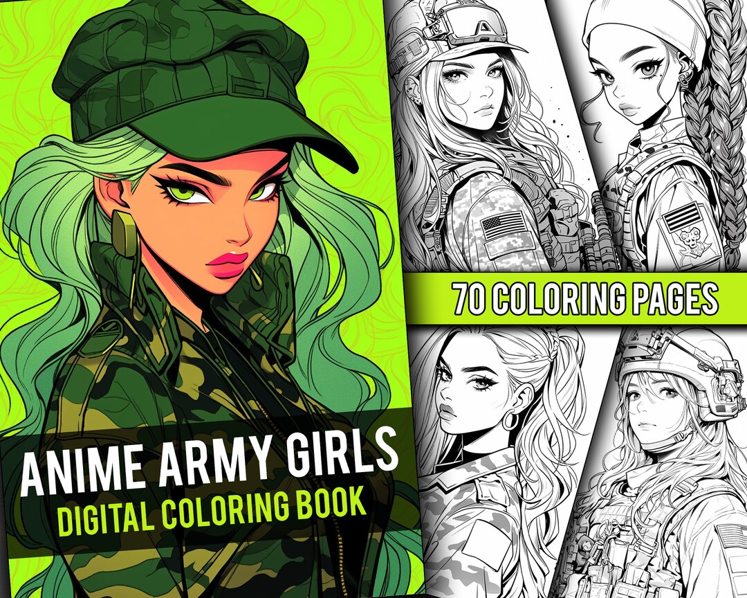 Anime Army Girls Coloring Book 70 Page Manga Fantasy Military Greyscale ...