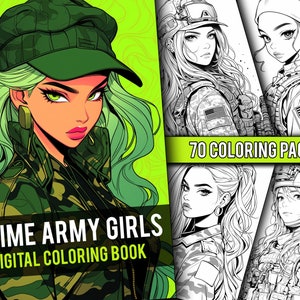 Anime Army Girls Coloring Book 70 Page Manga Fantasy Military Greyscale Coloring Pages for Adults, Instant Download, Printable PDF
