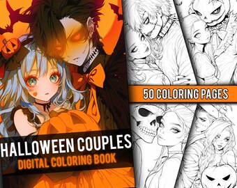 Anime Halloween Couples Coloring Book 50 Page Manga Fantasy Anime Coloring Pages for Adults & Children, Instant Download, Printable PDF