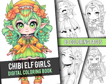 Anime Chibi Elf Girls Coloring Book 80 Page Cute Manga Fantasy Coloring Pages for Children & Adults, Instant Download, Printable PDF