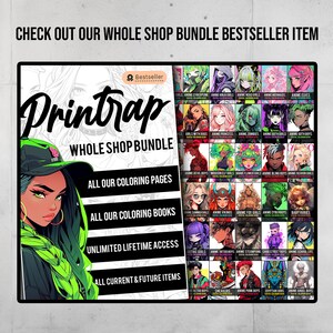 May include: A digital illustration of a woman with green hair and a black and green jacket. The image is a promotional graphic for a digital coloring book bundle. The text on the image reads "Printrap Whole Shop Bundle" and includes details about the bundle, such as "All our coloring pages", "All our coloring books", "Unlimited lifetime access", and "All current & future items".