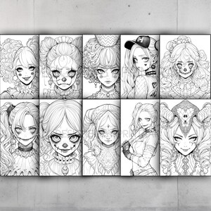 May include: A digital coloring page featuring nine different black and white illustrations of women with various hairstyles and facial expressions. Each illustration has a unique style and features details like bows, flowers, and other accessories.