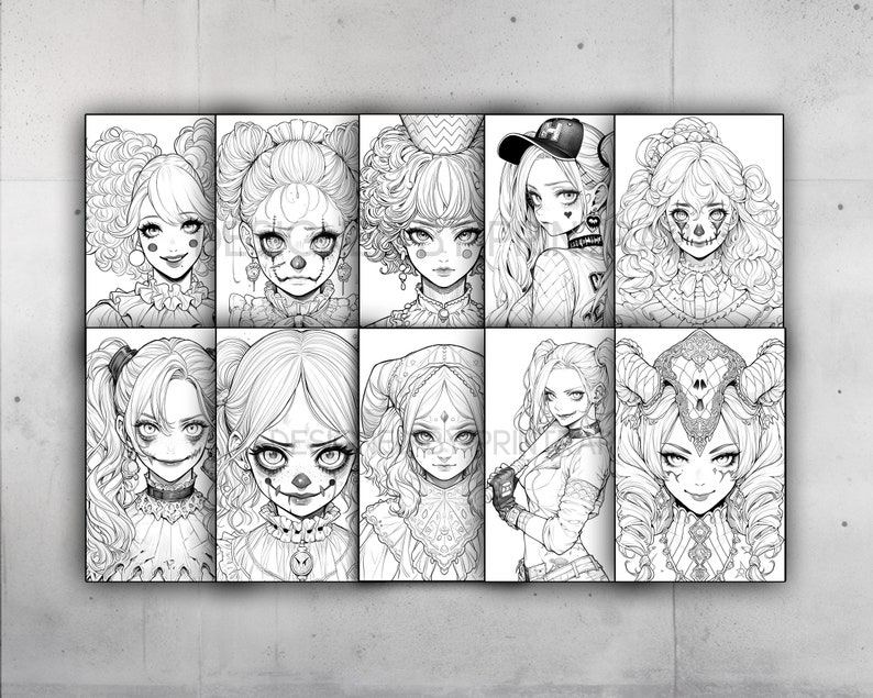 May include: A digital coloring page featuring nine different black and white illustrations of women with various hairstyles and facial expressions. Each illustration has a unique style and features details like bows, flowers, and other accessories.