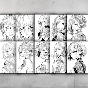 May include: A set of nine black and white line drawings of anime-style women with intricate tattoos. Each woman has a different hairstyle and expression.