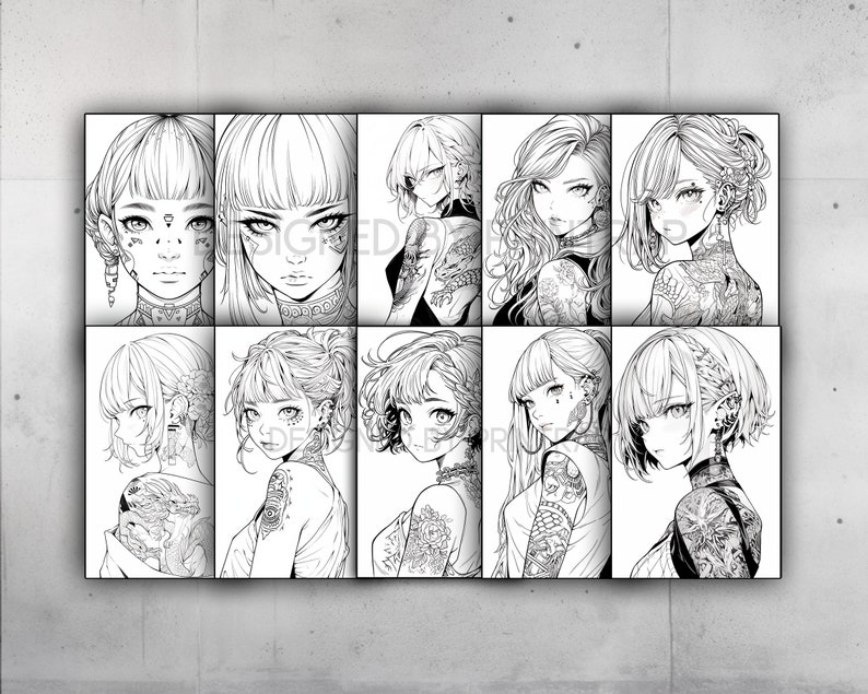 May include: A set of nine black and white line drawings of anime-style women with intricate tattoos. Each woman has a different hairstyle and expression.
