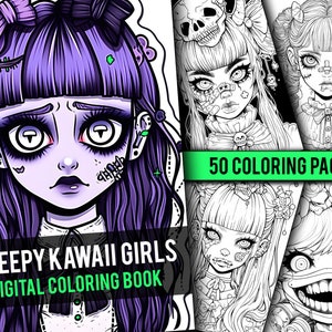 Creepy Kawaii Goth Girls Coloring Book 50 Page Manga Fantasy Greyscale Coloring Pages for Children & Adults, Instant Download Printable PDF