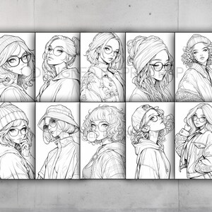 May include: A digital coloring page featuring ten black and white illustrations of women wearing various hats and glasses. Each illustration is framed in a square.