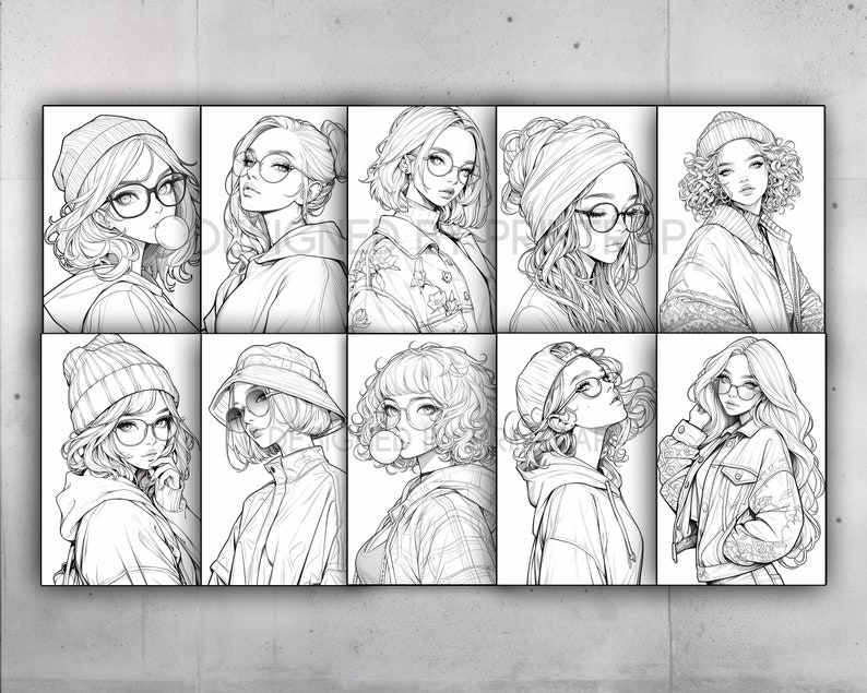 May include: A digital coloring page featuring ten black and white illustrations of women wearing various hats and glasses. Each illustration is framed in a square.