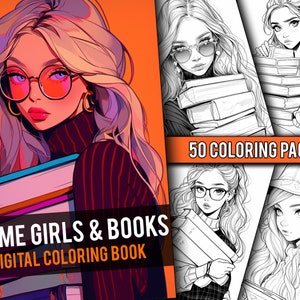 Anime Girls with Books Libro para colorear 50 páginas Manga Fantasía para colorear para niños y adultos, descarga instantánea, PDF imprimible