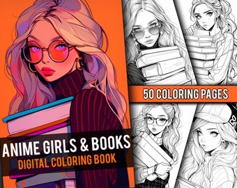 Anime Girls with Books Coloring Book 50 Page Manga Fantasy Coloring Pages for Children & Adults, Instant Download, Printable PDF