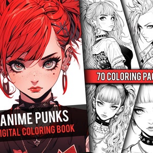 Anime Punk Girls Coloring Book 70 Page Fantasy Manga Greyscale Coloring Pages for Children & Adults, Instant Download, Printable PDF