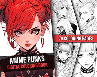 Anime Punk Girls Coloring Book 70 Pagina Fantasy Manga Grijswaarden Kleurplaten voor kinderen & volwassenen, Instant Download, Afdrukbare PDF