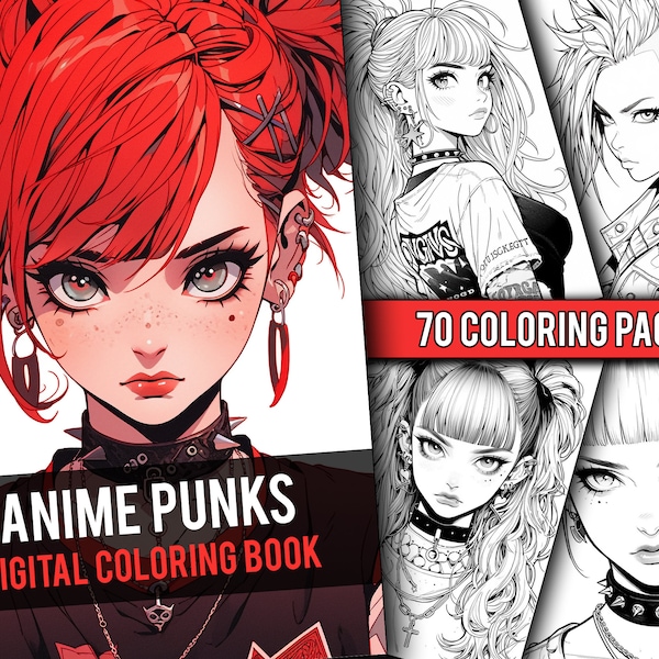 Anime Punk Girls Coloring Book 70 Page Fantasy Manga Greyscale Coloring Pages for Children & Adults, Instant Download, Printable PDF