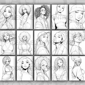 May include: A digital illustration of 12 black and white line drawings of women with different hairstyles and clothing. The women are all looking at the viewer.