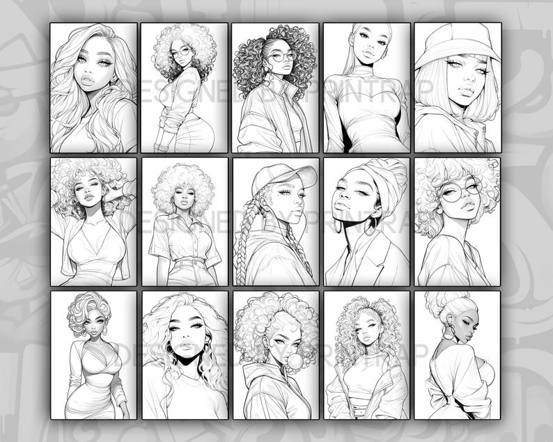 May include: A digital illustration of 12 black and white line drawings of women with different hairstyles and clothing. The women are all looking at the viewer.