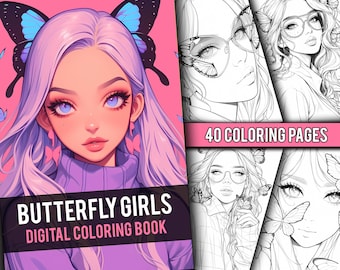 Anime Butterfly Girls Coloring Book 40 Page Cute Manga Fantasy Anime Coloring Pages for Adults & Children, Instant Download, Printable PDF