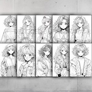 May include: A digital illustration of ten anime-style characters with different hairstyles and clothing. The characters are all women with long, wavy hair and are drawn in a black and white style.