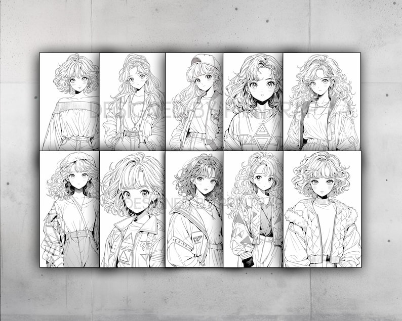 May include: A digital illustration of ten anime-style characters with different hairstyles and clothing. The characters are all women with long, wavy hair and are drawn in a black and white style.
