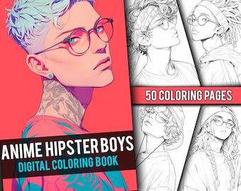 Anime Hipster Boys Coloring Book 50 Page Cute Manga Fantasy Anime Coloring Pages for Adults & Children, Instant Download, Printable PDF