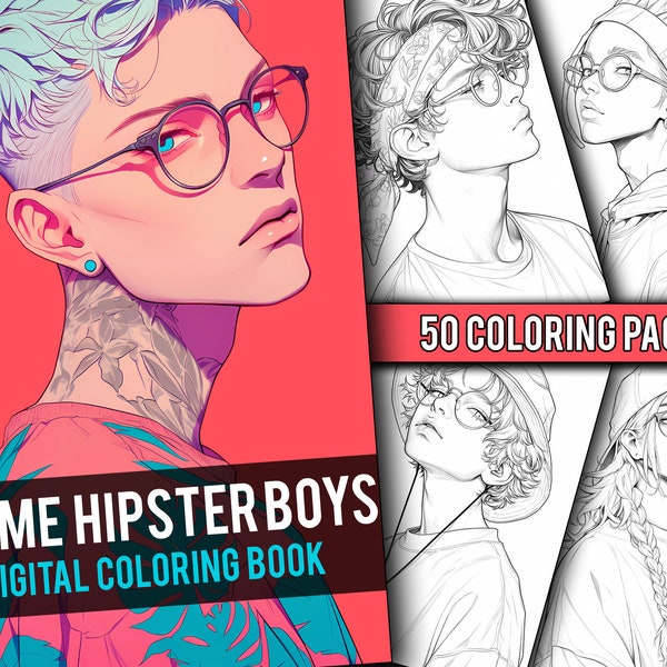 Anime Hipster Boys Coloring Book 50 Page Cute Manga Fantasy Anime Coloring Pages for Adults & Children, Instant Download, Printable PDF