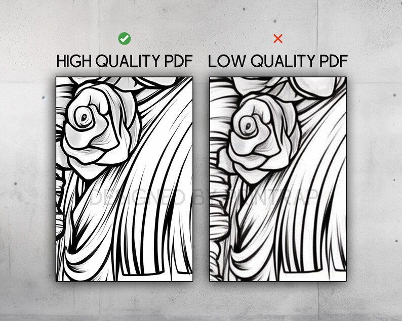 May include: A side-by-side comparison of two images showing the difference between a high quality PDF and a low quality PDF. The image on the left is sharp and detailed, while the image on the right is blurry and pixelated.