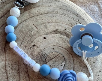 Personalized pacifier clip for baby girl in blue and white color with flower