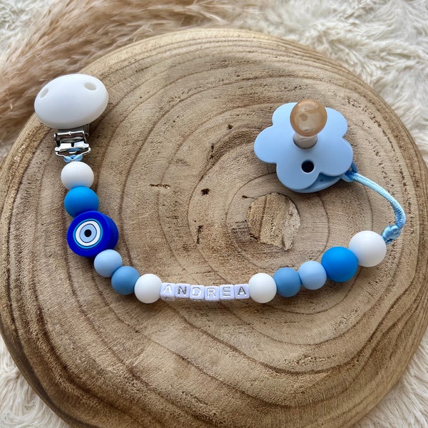 Attache tétine personnalisé pour bébé motif œil fille ou garçon, perles en silicone et clip en silicone. Fil bleu