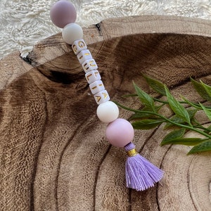 Personalized key ring in silicone beads and pompom, handmade