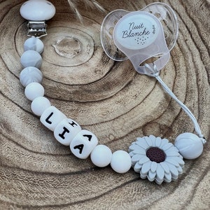 Personalized pacifier clip for baby girl, gray flowers with silicone beads