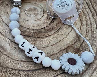 Personalized pacifier clip for baby girl, gray flowers with silicone beads