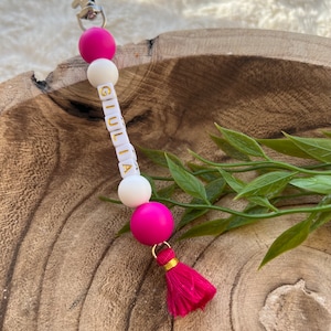 Personalized key ring in silicone beads and pompom, handmade