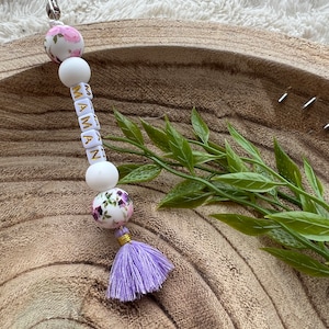 Personalized key ring in silicone beads and pompom, handmade