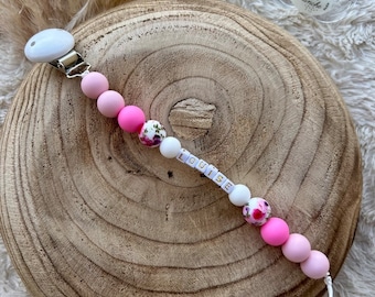 Personalized pacifier clip for baby girl with pink floral beads.