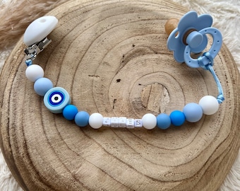 Attache tétine personnalisé pour bébé motif œil fille ou garçon, perles en silicone et clip en silicone. Fil bleu