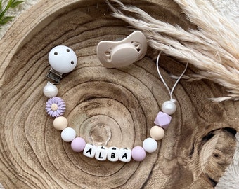 Personalisierter Schnullerclip für Babymädchen mit Blumen, Khaki, Rosa, Gelb, Lila