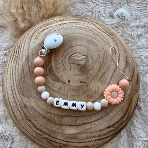 Personalized pacifier clip for baby girl with flower in beige
