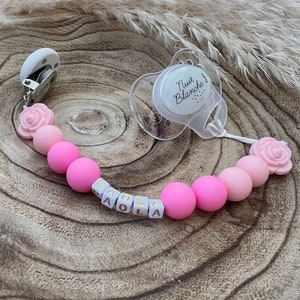 Personalized pacifier clip for baby girl, pink and flowers with silicone beads