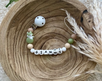 Personalized baby boy pacifier clip with silicone letter, khaki and gray fox