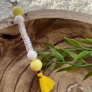 Personalized key ring in silicone beads and pompom, handmade
