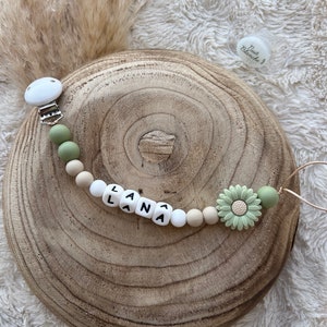 Personalized pacifier clip for baby girl with khaki flower