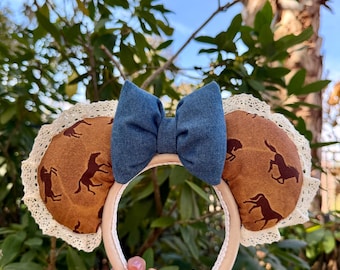 Western Horse Minnie Ears Headband | Rustic Cowgirl Mouse Ears with Denim Bow & Lace Trim |  Disney Park Outfit Accessory | Light Up Ears